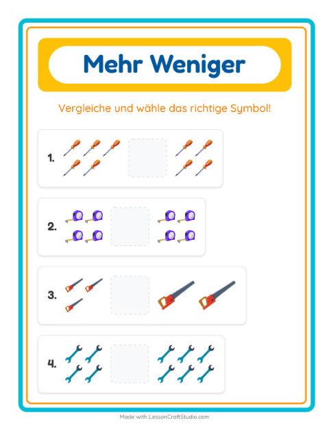 Vorschau: Mehr oder weniger-Arbeitsblatt mit Werkzeuge für Vorschule