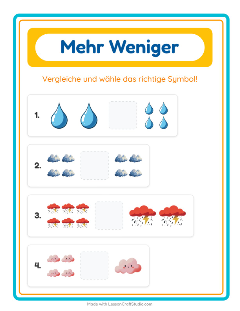Vorschau: Mehr oder weniger-Arbeitsblatt mit Wetter für Vorschule