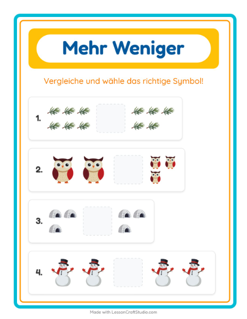 Vorschau: Mehr oder weniger-Arbeitsblatt mit Winter für Vorschule