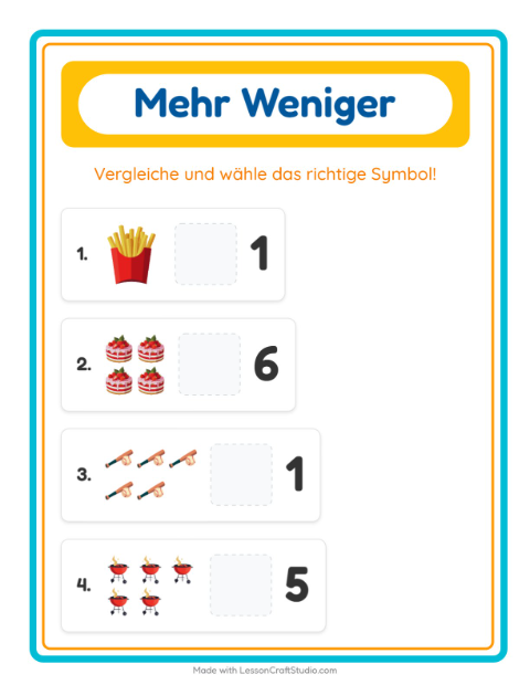 Vorschau: Mehr oder weniger-Arbeitsblatt mit 4. Juli für Vorschule