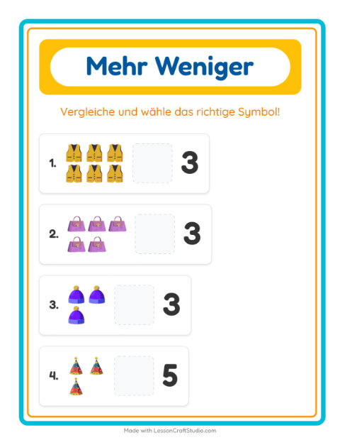 Vorschau: Mehr oder weniger-Arbeitsblatt mit Accessoires für Vorschule