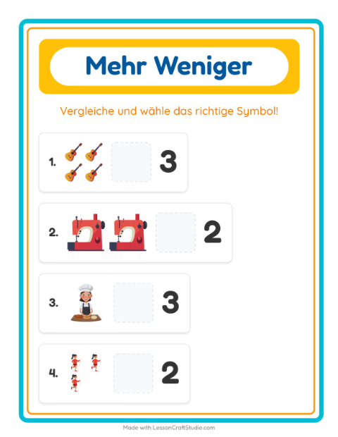 Vorschau: Mehr oder weniger-Arbeitsblatt mit Aktivitäten für Vorschule