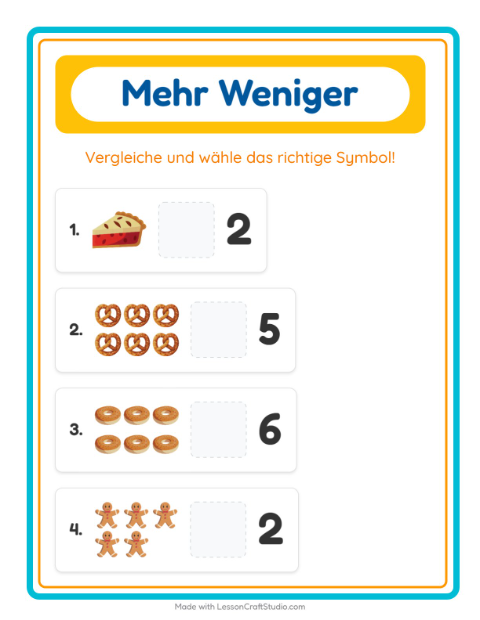 Vorschau: Mehr oder weniger-Arbeitsblatt mit Bäckerei für Vorschule