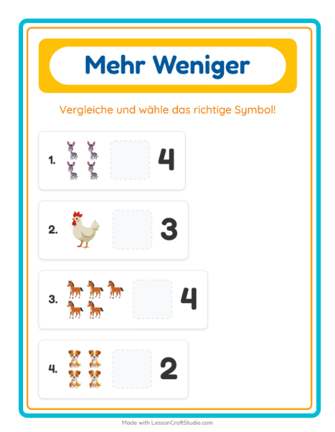 Vorschau: Mehr oder weniger-Arbeitsblatt mit Bauernhoftiere für Vorschule