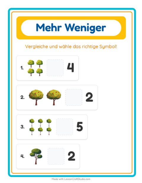 Vorschau: Mehr oder weniger-Arbeitsblatt mit Bäume für Vorschule