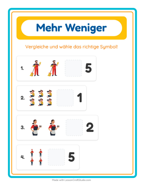 Vorschau: Mehr oder weniger-Arbeitsblatt mit Berufe für Vorschule