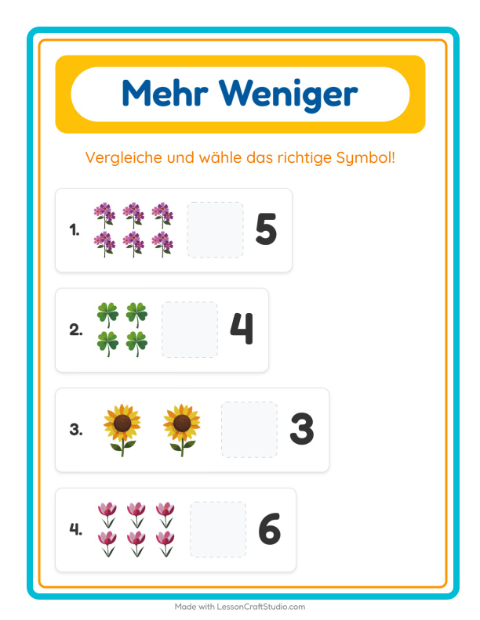 Vorschau: Mehr oder weniger-Arbeitsblatt mit Blumen für Vorschule