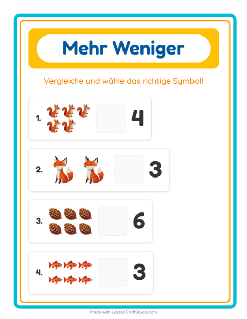 Vorschau: Mehr oder weniger-Arbeitsblatt mit Camping für Vorschule