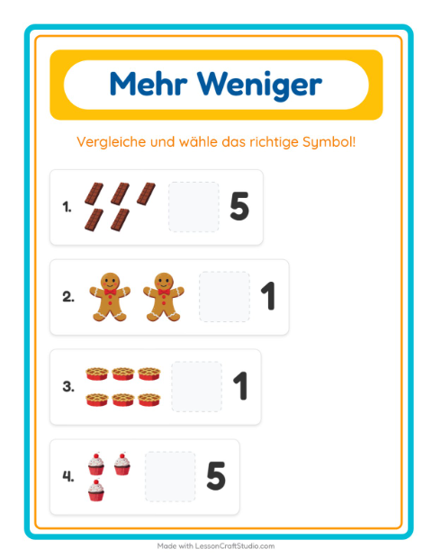 Vorschau: Mehr oder weniger-Arbeitsblatt mit Desserts und Süßigkeiten für Vorschule