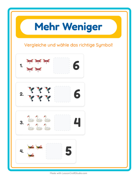 Vorschau: Mehr oder weniger-Arbeitsblatt mit Dinge die fliegen für Vorschule