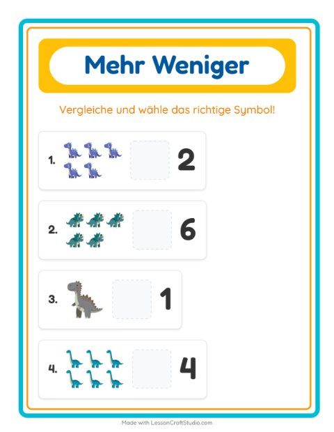 Vorschau: Mehr oder weniger-Arbeitsblatt mit Dinosaurier für Vorschule