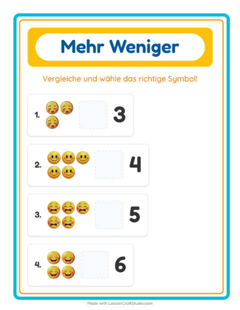 Vorschau: Mehr oder weniger-Arbeitsblatt mit Emotionen für Vorschule