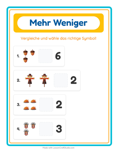 Vorschau: Mehr oder weniger-Arbeitsblatt mit Erntedankfest für Vorschule