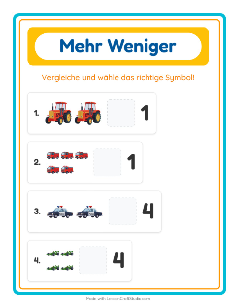 Vorschau: Mehr oder weniger-Arbeitsblatt mit Fahrzeuge für Vorschule