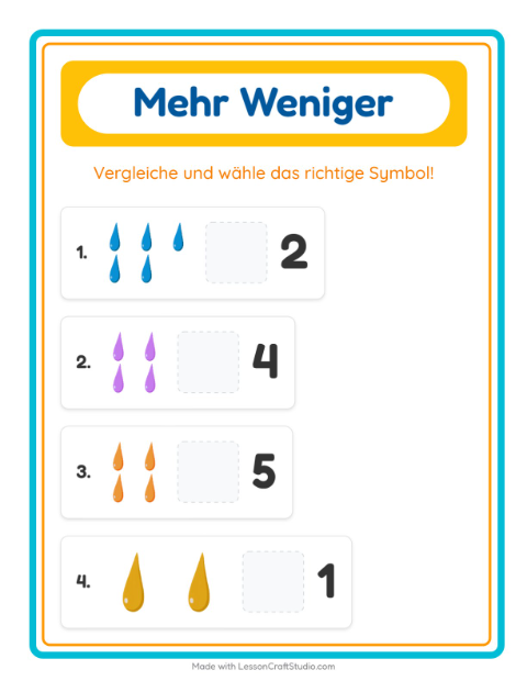 Vorschau: Mehr oder weniger-Arbeitsblatt mit Farben für Vorschule