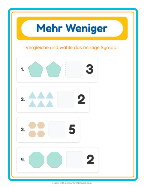 Vorschau: Mehr oder weniger-Arbeitsblatt mit Formen für Vorschule