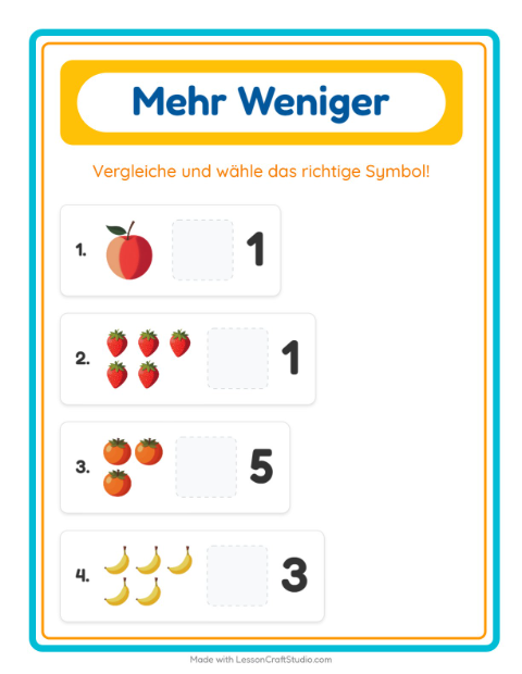 Vorschau: Mehr oder weniger-Arbeitsblatt mit Früchte für Vorschule