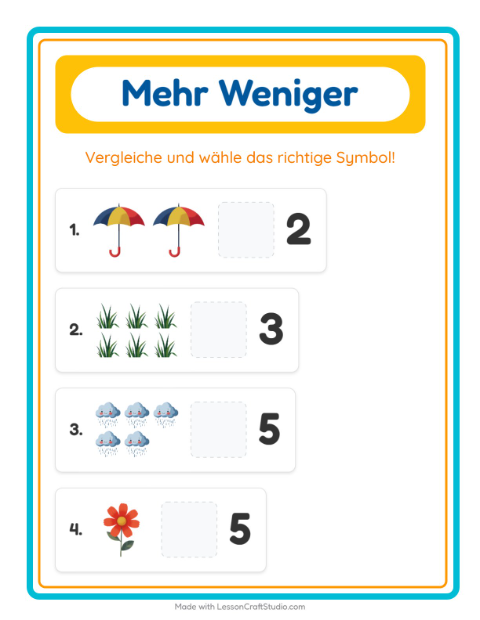 Vorschau: Mehr oder weniger-Arbeitsblatt mit Frühling für Vorschule