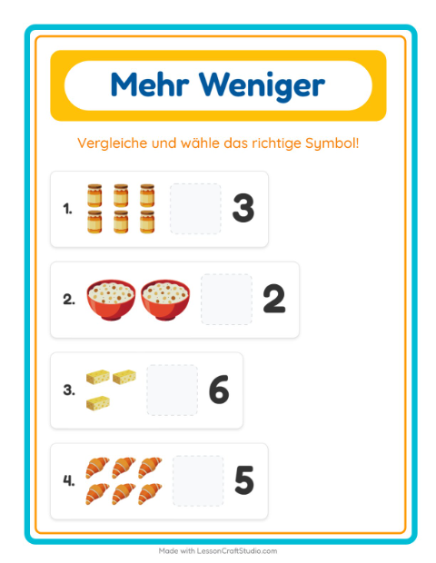 Vorschau: Mehr oder weniger-Arbeitsblatt mit Frühstück für Vorschule