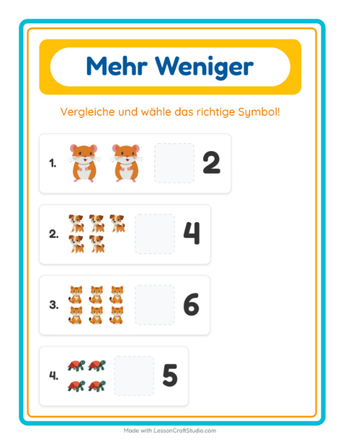 Vorschau: Mehr oder weniger-Arbeitsblatt mit Haustiere für Vorschule