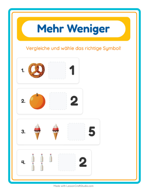 Vorschau: Mehr oder weniger-Arbeitsblatt mit Im Supermarkt für Vorschule