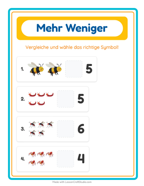Vorschau: Mehr oder weniger-Arbeitsblatt mit Insekten und Käfer für Vorschule