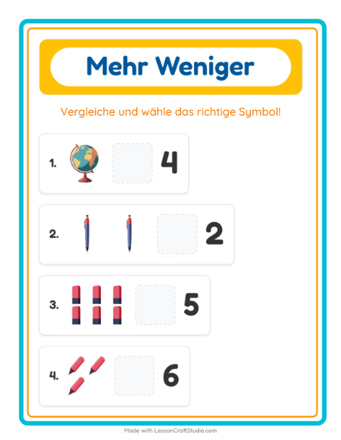 Vorschau: Mehr oder weniger-Arbeitsblatt mit Klassenzimmer für Vorschule