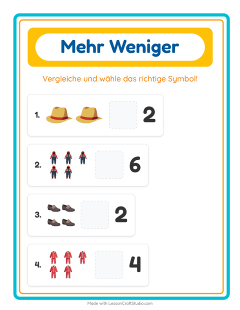 Vorschau: Mehr oder weniger-Arbeitsblatt mit Kleidung für Vorschule