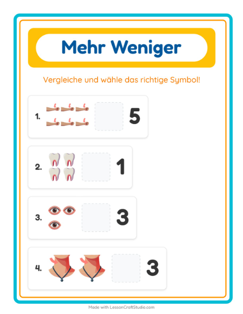 Vorschau: Mehr oder weniger-Arbeitsblatt mit Körperteile für Vorschule