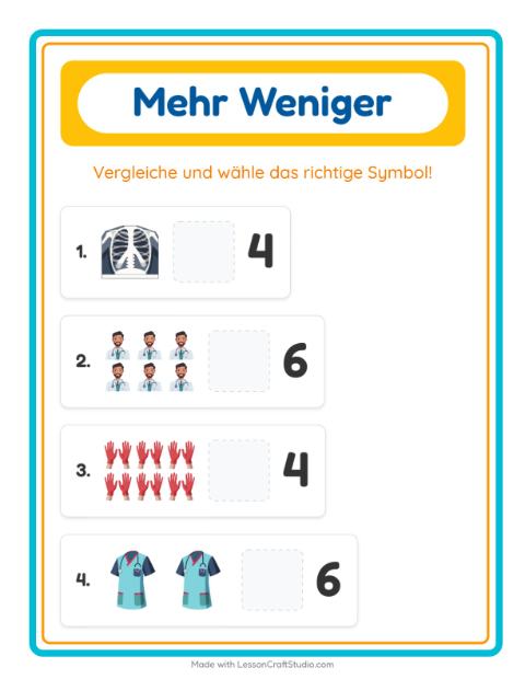 Vorschau: Mehr oder weniger-Arbeitsblatt mit Krankenhaus für Vorschule