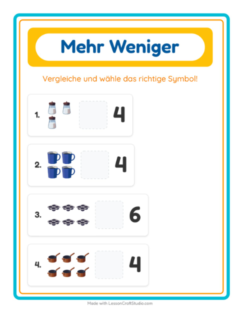 Vorschau: Mehr oder weniger-Arbeitsblatt mit Küchenwerkzeuge für Vorschule