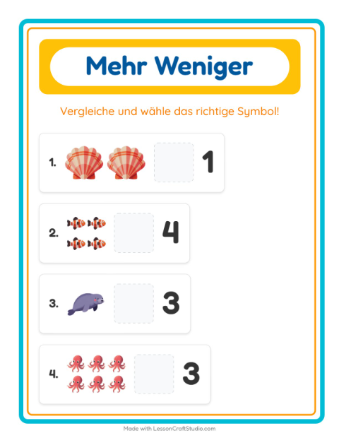 Vorschau: Mehr oder weniger-Arbeitsblatt mit Meeresleben für Vorschule