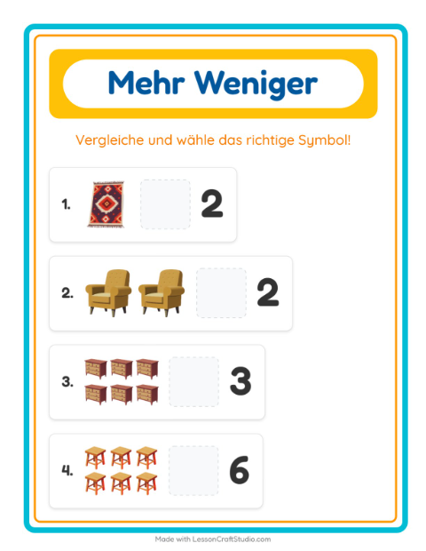 Vorschau: Mehr oder weniger-Arbeitsblatt mit Möbel für Vorschule
