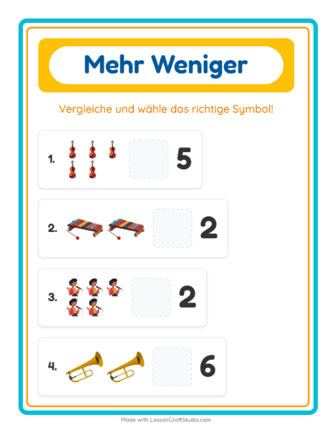 Vorschau: Mehr oder weniger-Arbeitsblatt mit Musik für Vorschule