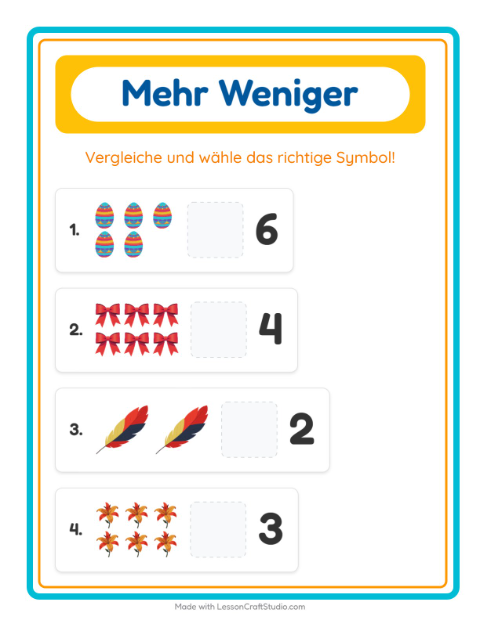 Vorschau: Mehr oder weniger-Arbeitsblatt mit Ostern für Vorschule