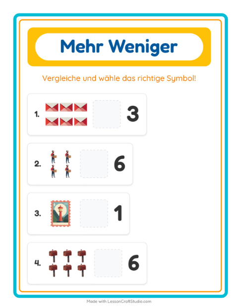 Vorschau: Mehr oder weniger-Arbeitsblatt mit Postamt für Vorschule