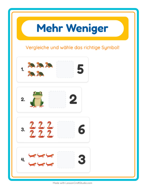 Vorschau: Mehr oder weniger-Arbeitsblatt mit Reptilien und Amphibien für Vorschule