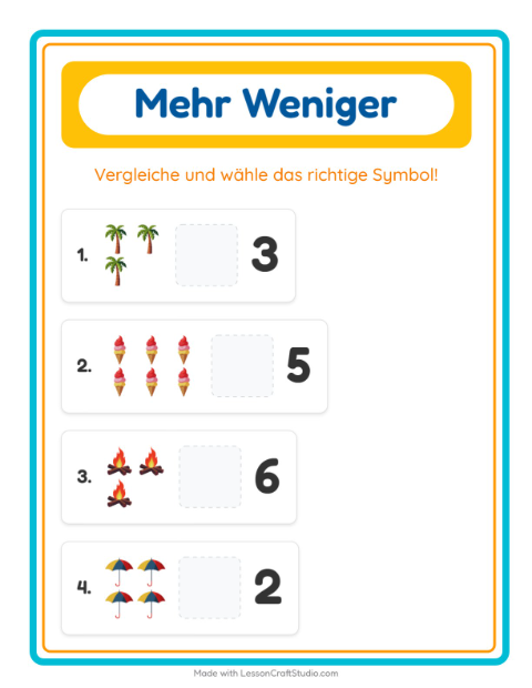 Vorschau: Mehr oder weniger-Arbeitsblatt mit Sommer für Vorschule