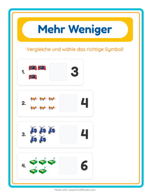 Vorschau: Mehr oder weniger-Arbeitsblatt mit Spielzeug für Vorschule