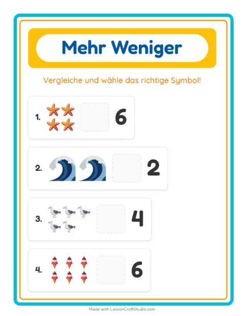Vorschau: Mehr oder weniger-Arbeitsblatt mit Strand für Vorschule