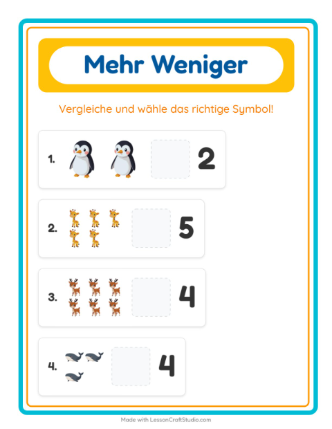 Vorschau: Mehr oder weniger-Arbeitsblatt mit Tiere für Vorschule