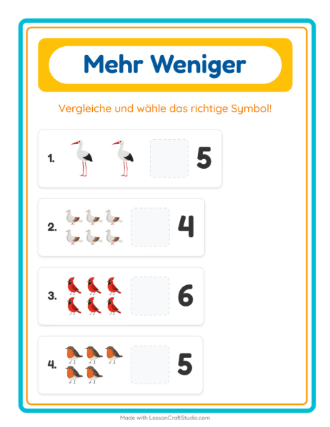 Vorschau: Mehr oder weniger-Arbeitsblatt mit Vögel 2 für Vorschule