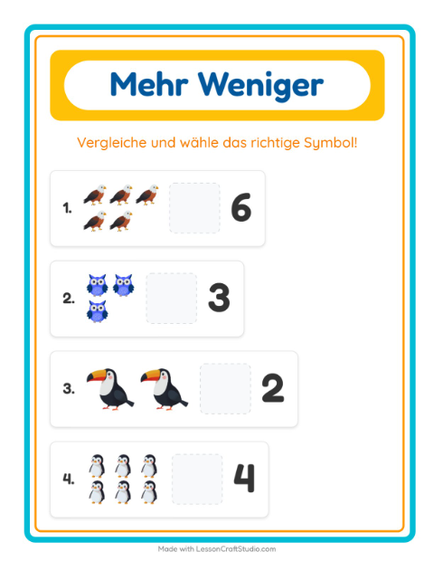 Vorschau: Mehr oder weniger-Arbeitsblatt mit Vögel für Vorschule