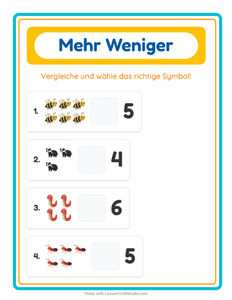 Vorschau: Mehr oder weniger-Arbeitsblatt mit Waldtiere für Vorschule