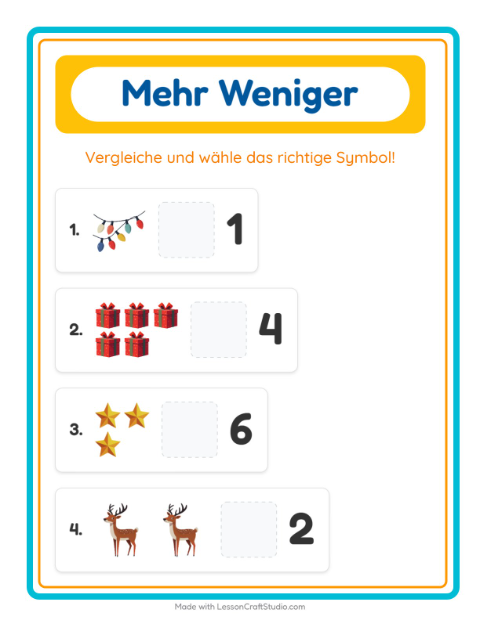 Vorschau: Mehr oder weniger-Arbeitsblatt mit Weihnachten für Vorschule