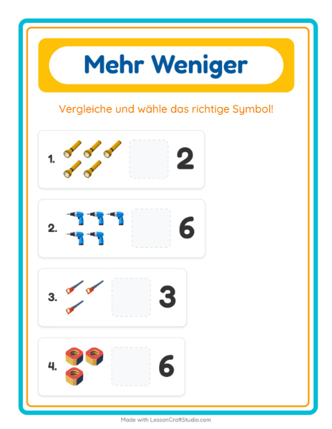 Vorschau: Mehr oder weniger-Arbeitsblatt mit Werkzeuge für Vorschule