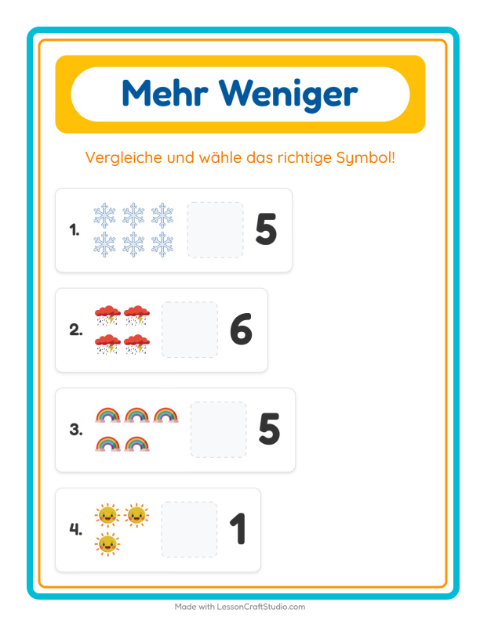 Vorschau: Mehr oder weniger-Arbeitsblatt mit Wetter für Vorschule