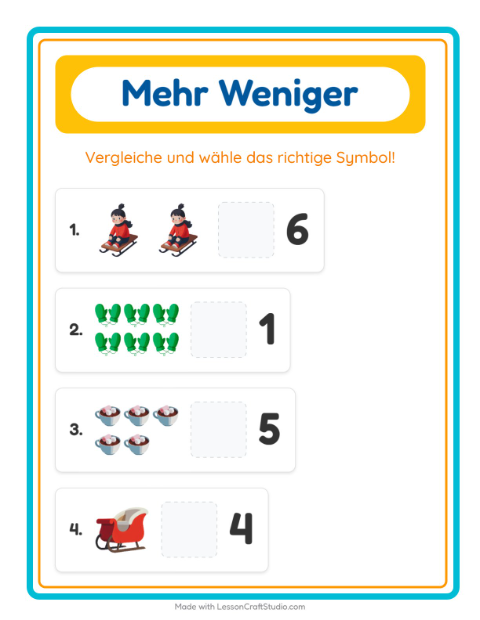 Vorschau: Mehr oder weniger-Arbeitsblatt mit Winter für Vorschule