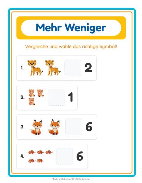 Vorschau: Mehr oder weniger-Arbeitsblatt mit Zootiere für Vorschule