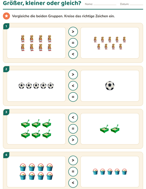 Vorschau: Mengen vergleichen-Arbeitsblatt mit Spielzeug für 1. Klasse